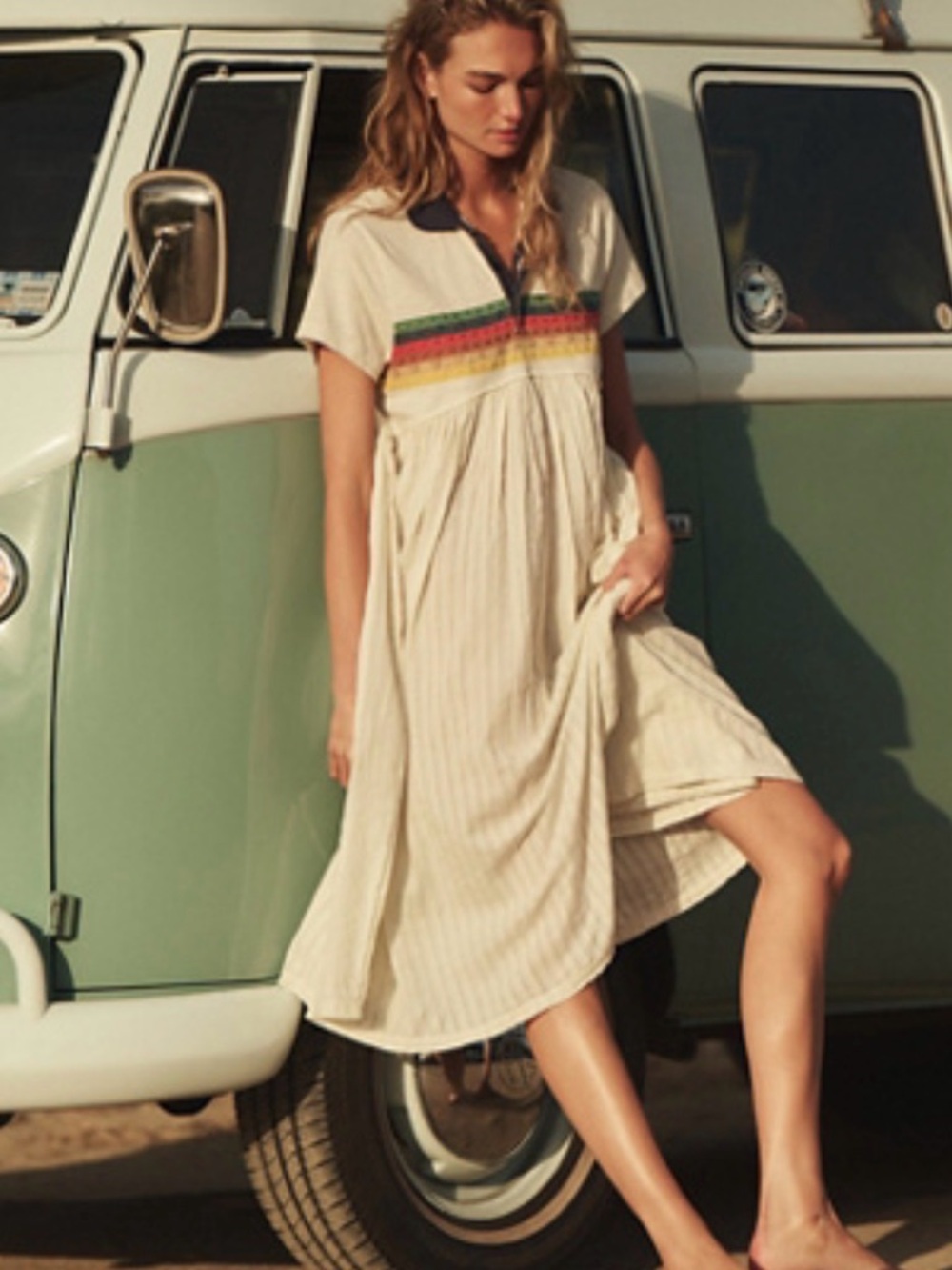 Free People Cream Polo Midi Dress with Rainbow Stripe